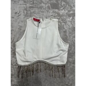 Mundefeis Tank‎ Top Camisole Women's Size XL White Full Zip Faux Diamond Fringe